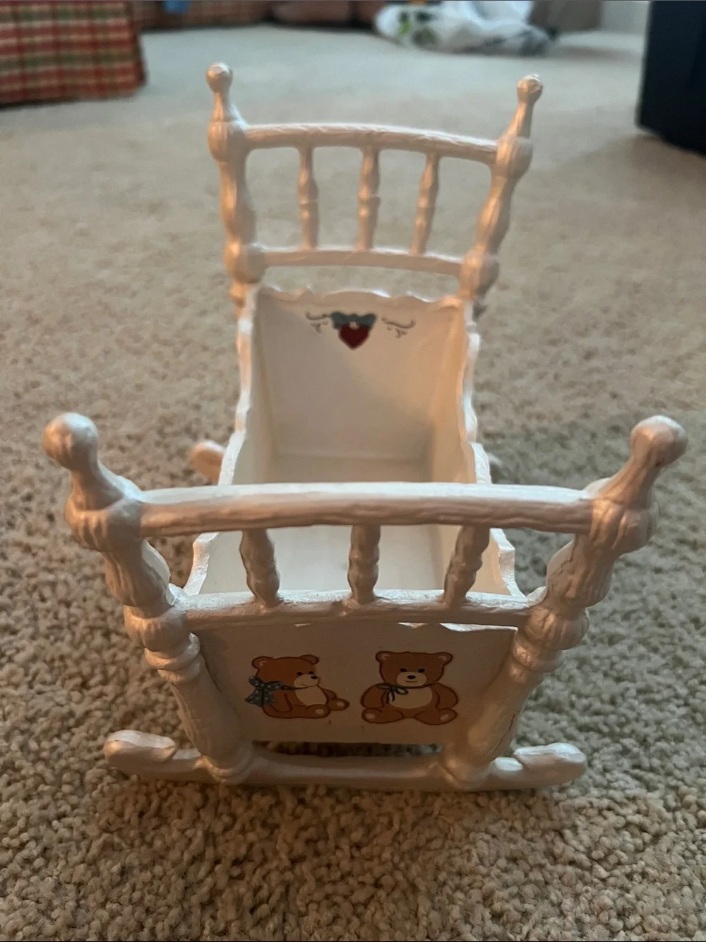 White Teddy Bear Wooden Doll Cradle - Kids Toys